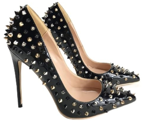 MINITOO Zapatos de tacón alto para mujer, zapatos de noche con tachuelas, Mz21 34 - Remaches de tacón de 10 cm, color negro y dorado, 39 EU