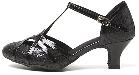 HROYL Latinska dansskor dam Salsa Bachata paljetter stängd tå salong tango dansskor 070-FT053, Svart 5 cm 1, 39 EU