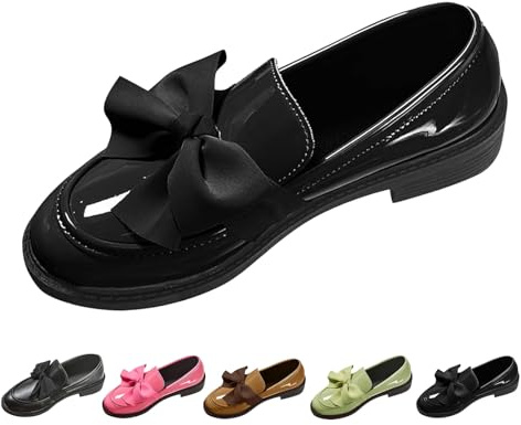 Women's Orthopaedic Anti-Slip Bow Loafers, Patent Leather Loafers Penny Loafers Dressy Casual Low Heel Driving Shoes (Glossy Black,4.5)