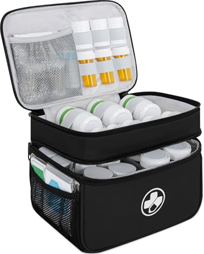 LASUK Dual Layers Medicine Organizer Bag, Pill Bottle Organizer Storage with Lockable Zipper, Lockable Medicine Travel Case for Pills, Vitamins, Medical Supplies, Black