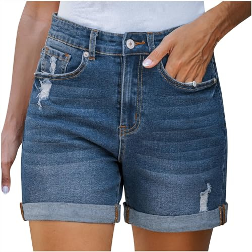 Pantalones Cortos Vaqueros para Mujer Casual Rotos Tiro Alto Efecto Desgastado Dobladillo Enrollado Verano Algodon Shorts Pantalón de Cintura Alta Deportivo Trekking Jeans Shorts