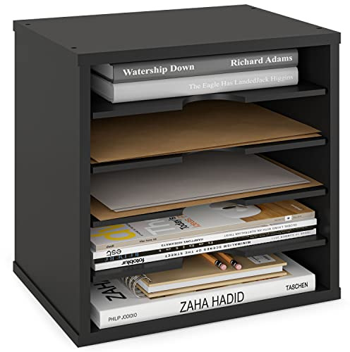 Ballucci 5-Tier File Organizer for Desk, Wooden Mail Sorter, Office Desk Organization, Paper Storage Organizers, Folder holder for desk, Letter Trays & Stacking Supports, Adjustable Shelves, Black
