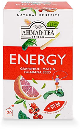 Ahmad Tea Herbal Tea, Grapefruit, Mate, Guarana Seed, & Vitamin B6 'Energy' Natural Benefits Teabags, 20 ct (Pack of 1) - Caffeinated & Sugar-Free