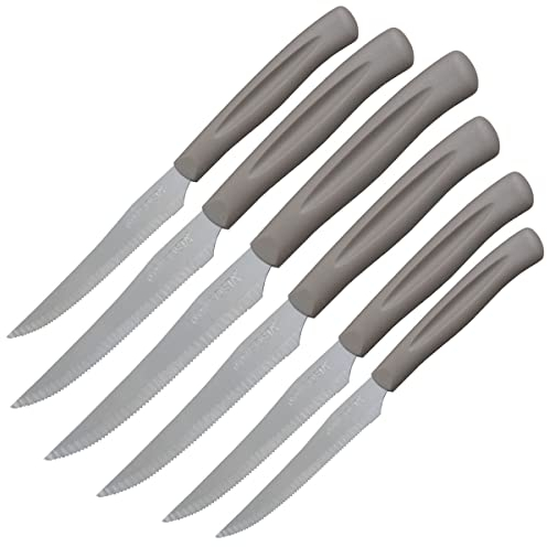 Nirosta Set da 6 Coltelli Lama Seghettata da tavola con Punta Fine, Antiruggine, Set da 6pz, Colore Tortora o Nero, lunghezza lama 10,5 cm Per Carne e Pizza