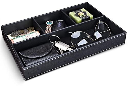 GORESE Svuotatasche in Pelle, Organizer per Cassetti Scrivania da Ufficio Vassoio Portaoggetti PU Tray con 4 Scomparti, Vassoio Organizer per Chiavi, Occhiali, Portafoglio, Monete, Gioielli (Nero)