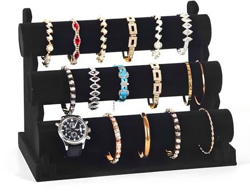 Joyseedi Abnehmbaren Armbandhalter, 3 Etagen Samt Schmuckständer Armbandständer, Schwarz Multifunktional Schmuckaufbewahrung für Armbänder, Schmuckhalter Display für Uhren Armbänder, Lang 30.5CM