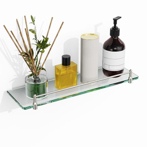 KOCOK Glass Bathroom Shelves,Brushed Nickel Floating Shelves for Wall Rectangular Modern Stainless Steel Glass Shelf for Bathroom Shelves wall Mounted 16 Inch
