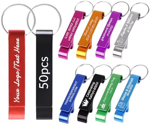 BEXOA 50 Pcs Personalised Bottle Opener Keyring - Bulk Customised Text/Logo Keychain Wedding Favors for Guests Party Gifts (50 PCS)