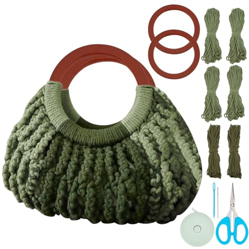 WEBEEDY Kit de bolsas de macramé verde, con mango de madera e instrucciones en vídeo, ganchillo para adultos y principiantes, verano, decoración