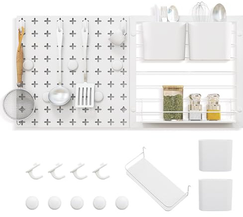 KOMFOTTEU Lochwand Stecktafel mit Organizer Set, kombiniertes pegboard 61 x 30,5 cm, Werkzeugwand mit Lagergestell Aufbewahrungsboxen, Magneten & 4 Haken, Lochplatte für Küche Büro bis 30kg belastbar