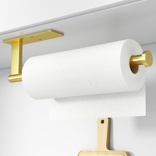 Kitchen Roll Holder Under Cabinet, Paper Towel Holder Wall Mounted, Gold | Self-Adhesive or Drilling Kitchen Roll Holder | Under Cupboard Stainless Steel Kitchen Paper Holder