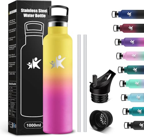 KollyKolla Borraccia Termica 1 litro, Bottiglia d'acqua senza BPA, Borraccia in Acciaio Inossidabile con Cannuccia, a Prova di Perdite, Riutilizzabile, Borracce per Ufficio, Sport, Ciclismo, Lavoro