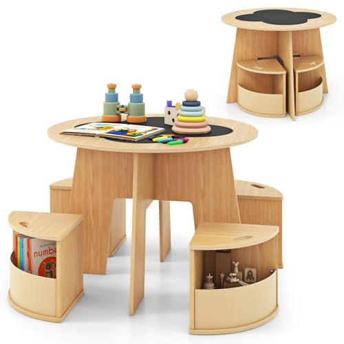 INFANS Kids Table and Chair Set, Wooden Nesting Activity Desk with 4 Storage Stools, Blackboard, Flower Shape, Children Furniture for Art Crafts Drawing Writing (Natural)