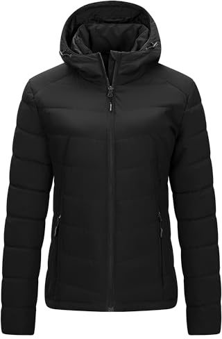 Outdoor Ventures Women's Winter Puffer Jacket Quilted Padded Coat Transitional Insulated Hooded Jackets Windproof Outerwear for Hiking Travel Skiing Black S
