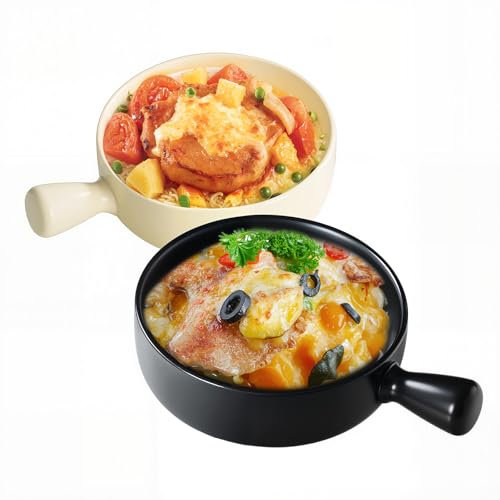 ukfisy Lasagne Dish,2 pcs Round Individual Baking Dishes with Handle,Small Ceramic Oven to Table Ideal for Lasagne Pie Casserole Tapas (Black+Beige)