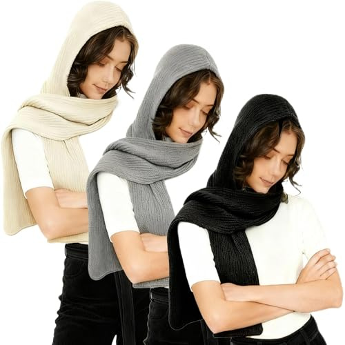 Chicingyou 3 Pcs Winter Knitted Hooded Scarf for Women Long Scarf Hat Warm Shawl Wrap Head Scarves for Cold Weather Outdoor(Classic Color)