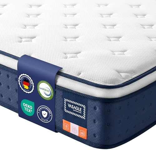 VASAGLE Matratze, 90 x 200 x 25 cm, Taschenfederkernmatratze aus Gel-Memory-Schaumstoff, mittelfest, H3, 7-Zonen-Unterstützung, Bewegungsisolierung, atmungsaktiver Bezug, blau RMZ222QZ02