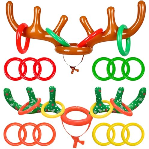 Juego inflable de cuernos de reno, juego de 2 juegos de Navidad inflables con 12 anillos de Navidad, para fiestas, oficina, juegos, familia al aire libre