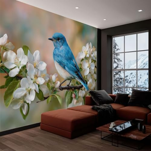 Papel pintado panorámico animal azul pájaro árbol flor, foto mural moderna 400An x 280Al cm - Papel pintado decoración hogar estilo de pintura al óleo para salón habitación habitación infantil oficina