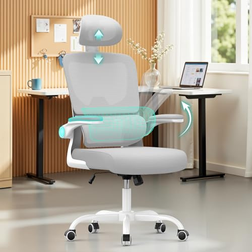 naspaluro Ergonomic Office Chairs, High Big Study Desk Computer Chair with Flip-up Armrests/Back Support/Adjustable Headrest, Comfy Swivel PC Work Chair, Gray Mesh Office Chairs for Home Office