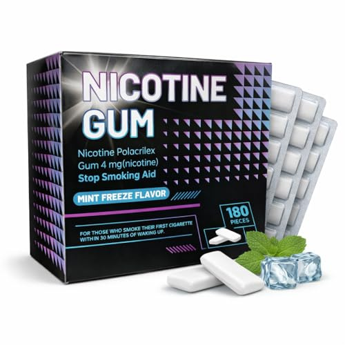 Nicotine Gum 4mg Mint Flavor Help Quit Smoking and Vaping Aid, Reduce Cravings - Nicotine Replacement Therapy, Smoke-Free Places, Work & Travel（180 Count）