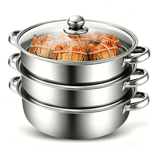 MeYuxg Pentola a vapore,28cm Vaporiera Acciaio Inox, con Inserto a Vapore e Coperchio in Vetro,pentole a 3/4 Vaporiera Pentola per cottura a vapore, zuppa, pasta, pesce (Terzo)