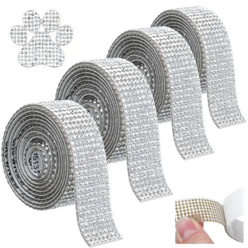 HJZHII 4 Rolls Rhinestones Diamond Ribbon, Self-Adhesive Rhinestone Tape | Sparkling Diamond Bling Stickers Wrap Bling Crystal Rhinestone Strips for DIY Crafting & Decorative Purposes