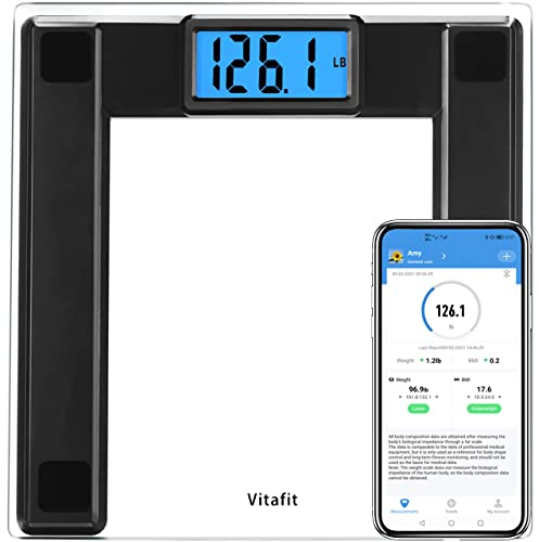 Vitafit 250kg Digitale Personenwaagen Waage mit Gewicht und BMI, Smarte Körperwaage mit App Sync via Bluetooth, 8 mm Hartglas mit extra-breiter Plattform,Schwarz