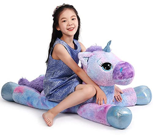 Yeqivo Riesen Einhorn Spielzeug Plüsch - Großes Regenbogen Lila Kuscheltier - Schöne Geburtstagsdekoration und Geschenke für Kinder und Mädchen (110CM, Blau)