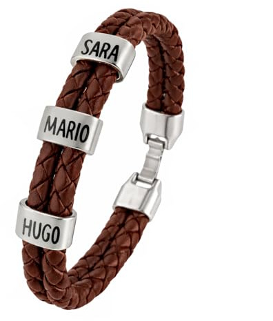Pulsera con Nombres Personalizada. Piezas Baño Plata y Cuero Auténtico Español. Tallas a Personalizar. Colores. Pulsera Hombre con Nombres. Estuche Incluido. Modelo (Trenzado Doble Marrón)