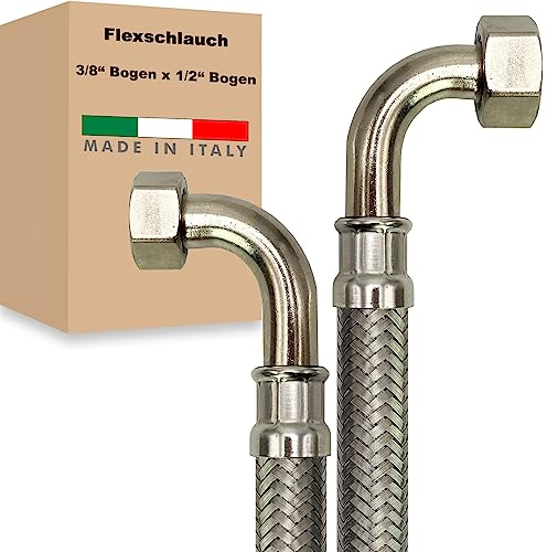 Flexschlauch ÜM-BOGEN x ÜM-BOGEN Edelstahl Panzerschlauch Anschlußschlauch Sanitär Armaturenschlauch Hauswasserwerk Made in Italy (3/8 x 1/2 - 500 mm - Z-Form)