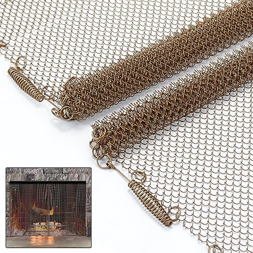Memrita öppen spis nätskärm, 2 paneler varje panel mäter 61 cm bred x 61 cm hög, 2 paket Spark Guard Mesh metall brandskärmspaneler med drag för hem eldstad, antik mässing