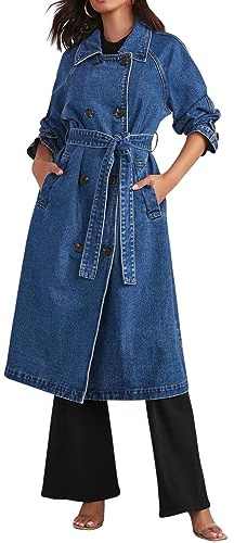 CHARTOU Trench long décontracté à double boutonnage en jean avec ceinture pour femme, bleu, Large