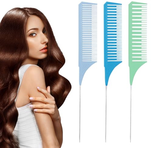 MHDUYEG 3 Stücke Strähnchen Comb 3 Farbe Hair Strähnenkamm Stielkamm Nadelstiel Friseur Kamm SträHnenkamm Professionelle Antistatische Highlight Kamm für Haare Melieren und Färben Styling