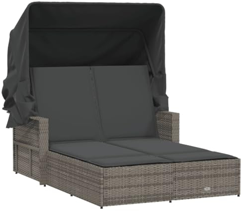 vidaXL Doppel Sonnenliege, Sonnenbett mit ausziehbarem Sonnendach, Doppelliege mit Verstellbarer Rückenlehne, Gartenmöbel Gartenliege, Grau Poly Rattan