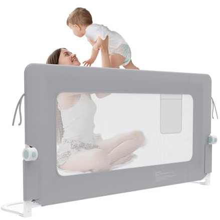 Froadp Barrera de cama para niños, protección contra caídas, cama infantil, rejilla plegable, protección para cama y cuna para niños, protección contra caídas para cama infantil (Gris claro, 150 cm)