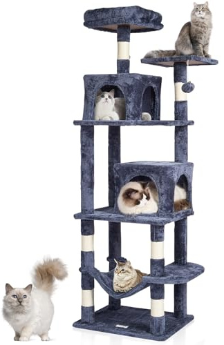 VEVOR Arbre à Chat, 160 cm, Tour d'escalade à Chats avec griffoir en sisal, 2 niches, hamac, perchoir supérieur, Plates-Formes de Saut, Balle Suspendue, pour activités d'intérieur Chats, Gris foncé