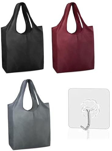 Fokroin 3 Stück Einkaufstasche Faltbar, Einkaufstasche, Leichte Handtasche mit Tragegriffen und Kleiner Haken, Wiederverwendbare Einkaufstüten Wasserdicht