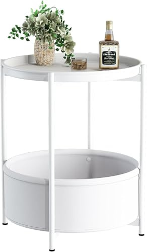 Beistelltisch Rund, Kleiner Tisch, Metall Balkontisch, Sofatisch 2 Ebenen, Couchtisch mit Korb aus Stoff, Nachttisch, Wohnzimmertisch, Beistelltische fürs Wohnzimmer Schlafzimmer Terrasse, Weiß