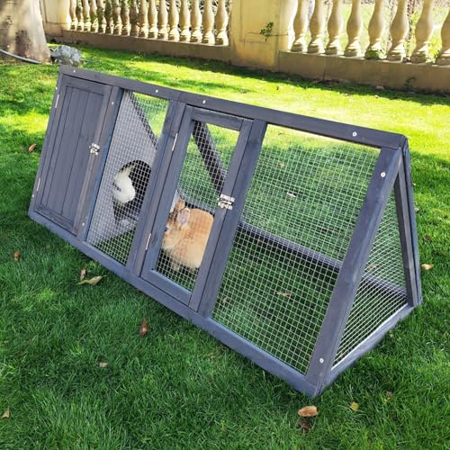 Kecreque Rabbit Hutch Outdoor Chicken Coop Wooden A-Frame Small Animal Cage Quail Cage w/Chicken Run & Ventilated Wire Fence Suitable for Garden Backyard Farms 47 x 18 x 19.5 in (Grey)