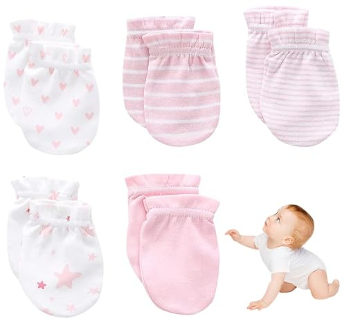 NIDONE Baby vantar, baby repfria vantar 5 par 5 mönster lös bomull 0-6 månader mjuka bekväma tvättbara nyfödda handskar för flickor, 5 par, L