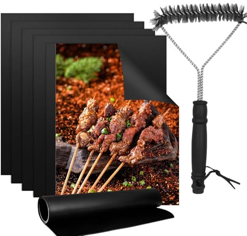 Set 5 Pezzi Tappetino Barbecue per Gas, Tappetini BBQ per Carbonella, Tappetino da Forno Antiaderente Riutilizzabile con Spazzola per Griglia, Ritagliabile, per Barbecue a Gas, a Carbone e Forno