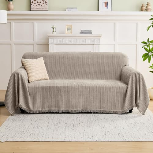 LOMAO Couch Cover Sofa Covers for 3 Cushion Sectional Couch Covers L Shape Couch Cover with Tassel Sofa Protector Washable Reversible Chenille Sofa Slipcover for Pet (Khaki,Large(71 * 118))