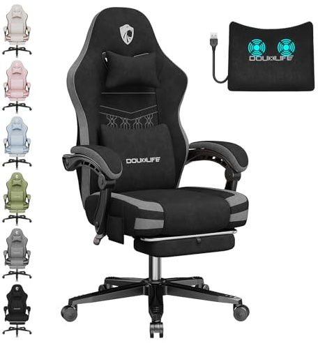 Douxlife Sedia Gaming Ergonomica da Ufficio con Poggiapiedi | In Tessuto Traspirante con Cuscino Lombare Massaggiante, Seduta a Molle, Portata 158kg, per Studio e Lavoro, Nero Grigio
