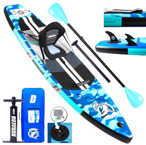 Stand up Paddling Board Aufblasbare, Kajak Sitz,330x76x15cm, Tragkraft bis 150Kg, Cam Halterung,Integrierte Kick-Pad, 3 Finnen, Verstellbares Doppel-Paddel, Komplettes Zubehör, Blaues Camouflage