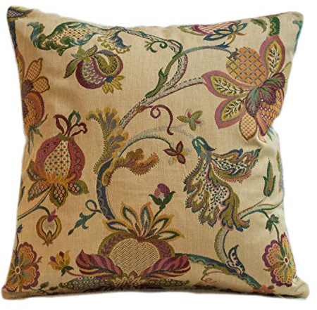 Traditional Tea Rose Heavyweight Tapestry Double Sided Cushion Cover. 17x17 Square Pillow Cover. Victorian style floral botanical design leaves and flowers. Vintage colourway.