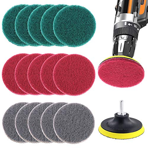 Glarks Lot de 16 tampons de nettoyage pour carrelage de 10,2 cm avec support de disque de 10,2 cm pour nettoyage de salle de bain et cuisine, 3 raideurs différentes (rouge, gris, vert)
