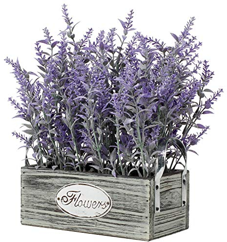 Künstliche Lavendel Blumen Kunstpflanzen Kunstblumen Flocked Kunststoff Lavendel in Rechteck Antik Holztopf Indoor Outdoor Home Küche Büro Tischdekoration Dekor