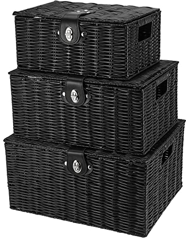 HAKZEON Set of 3 Resin Woven Storage Baskets, Wicker Hamper Storage Baskets Box with Lid & Lock for Storage, Decor, Black