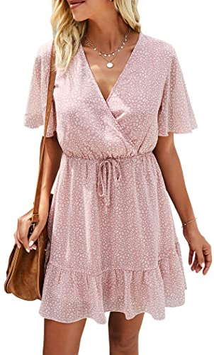 Awemeal Sommerkleid Damen Kurz Drucken Boho Kleider Strandkleid Kurzarm V-Ausschnitt Chiffon Kleid Rüsche Minikleid mit Gürtel （XL, Rosa）